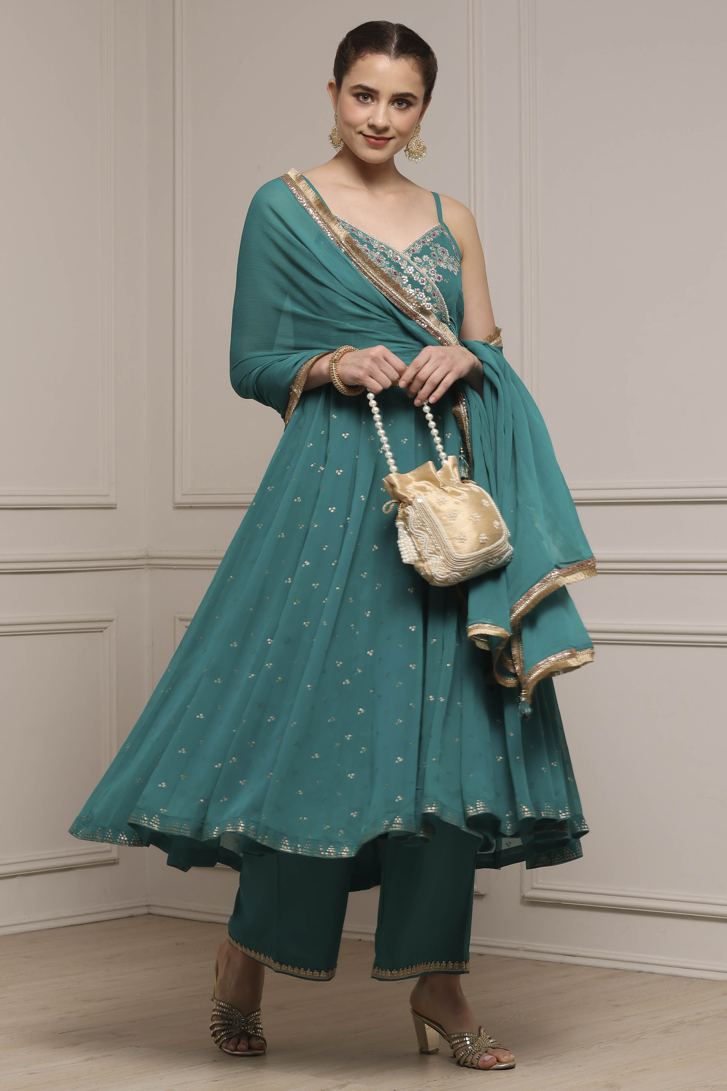 Emarlend Green Polyester Kalidar Printed Suit Set image number 0