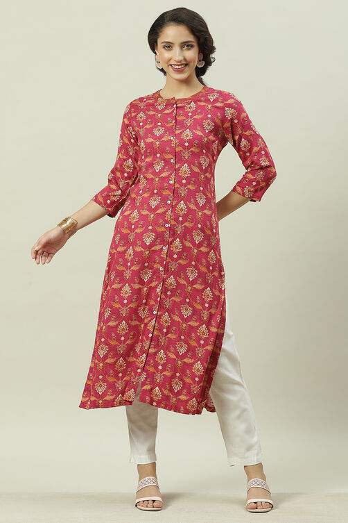 Pink Rayon Straight Printed Kurta image number 3