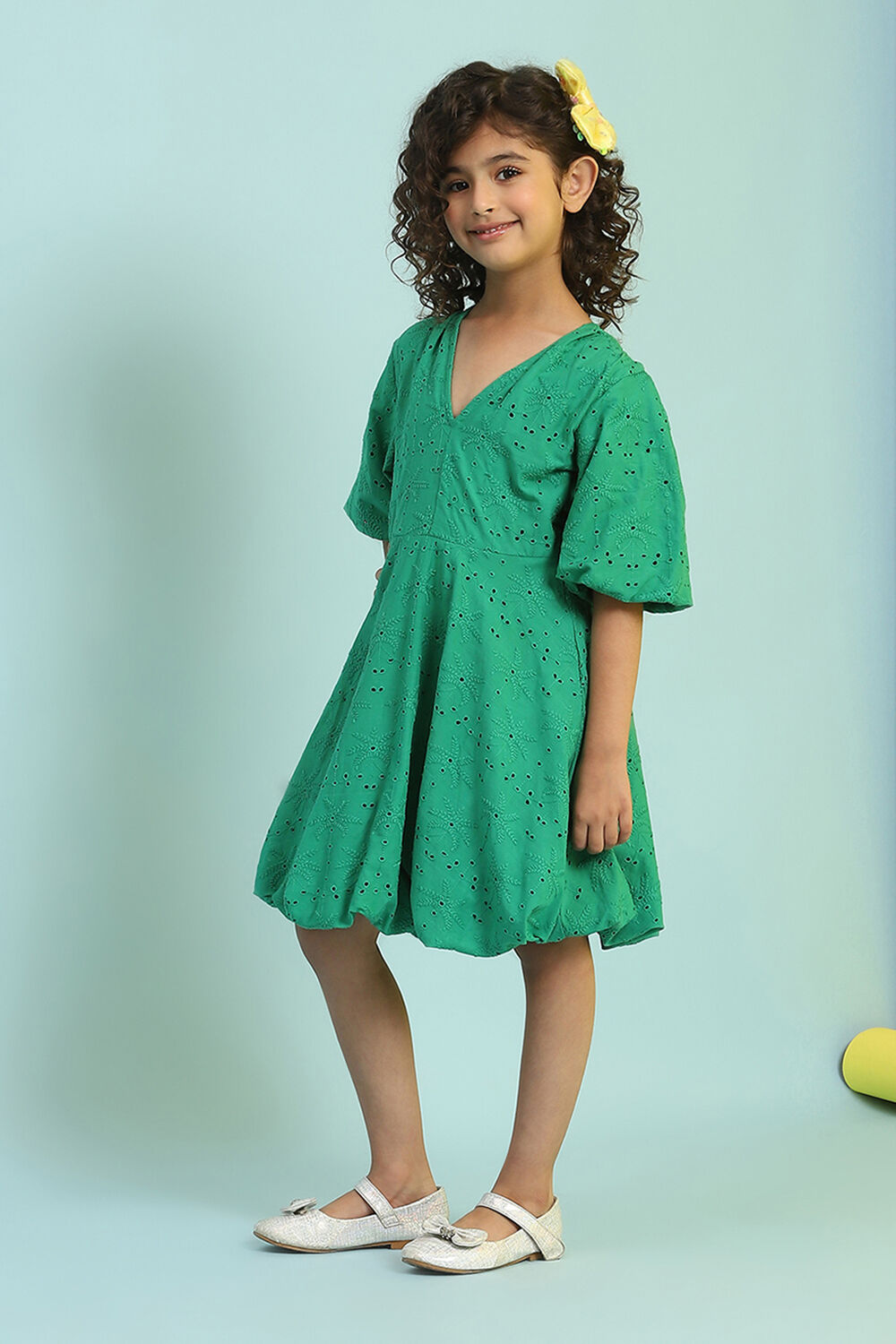 Green Cotton Schiffli Flared Dress image number 2