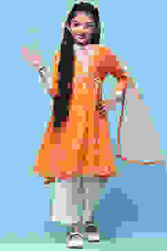 Orange Cotton Printed Flared Kurta White Palazzo & Dupatta image number 0