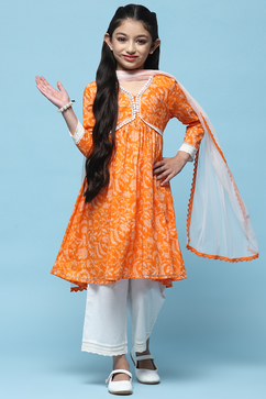 Orange Cotton Printed Flared Kurta White Palazzo & Dupatta image number 0