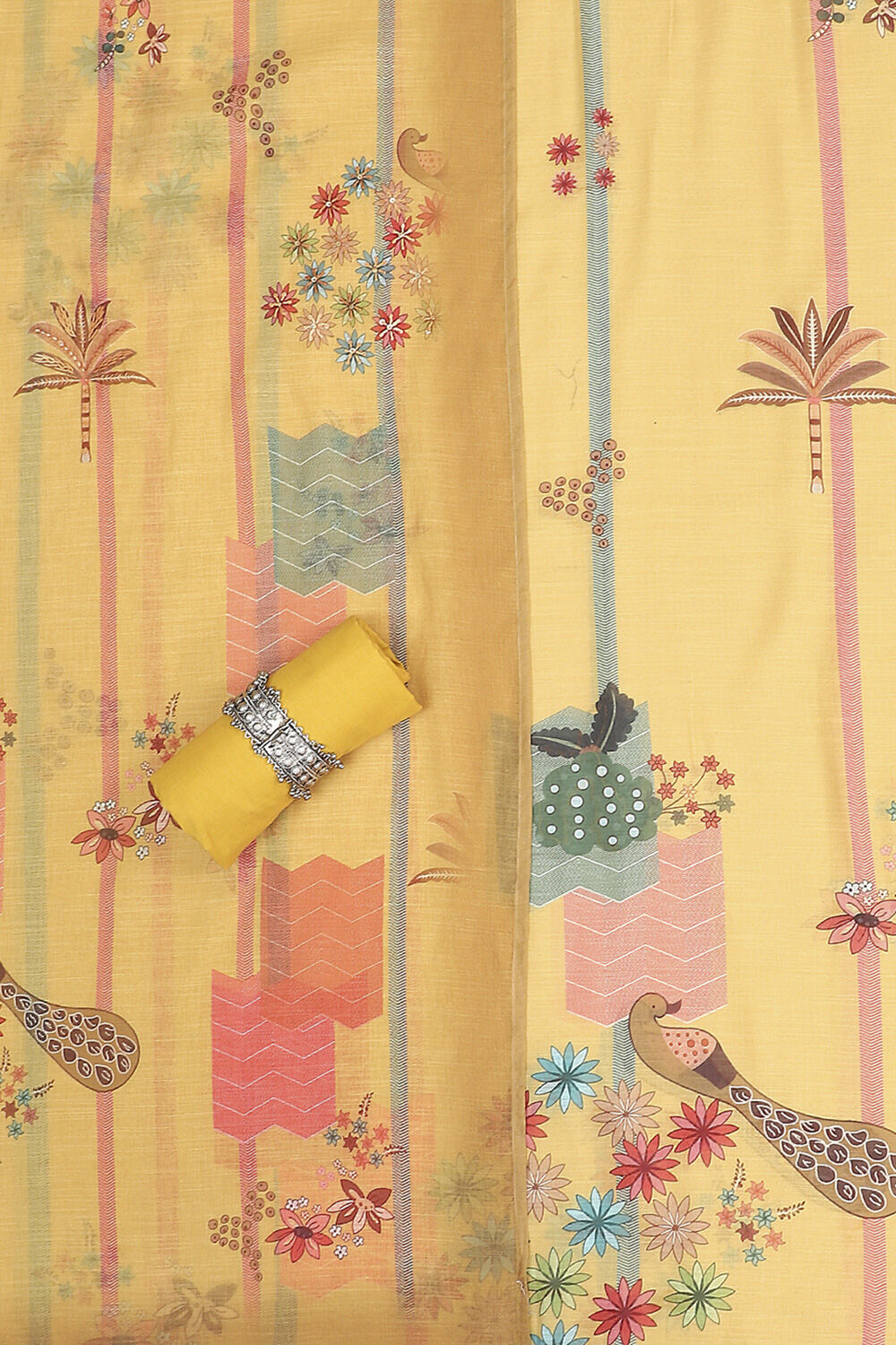 Navy Blue Chanderi Printed Unstitched Suit Set image number 1