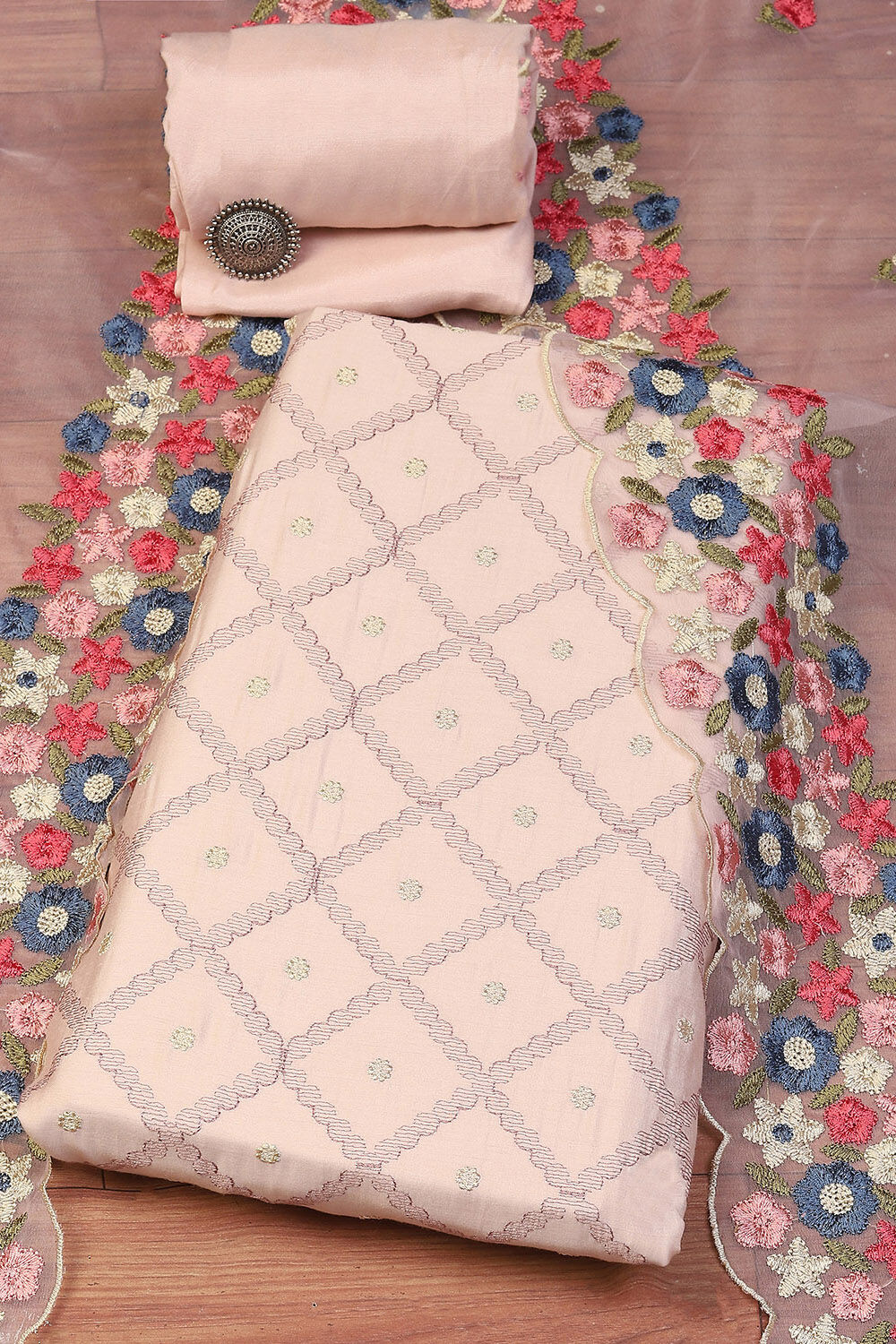 Light Pink Chanderi Blend Printed Unstitched Suit Set image number 0