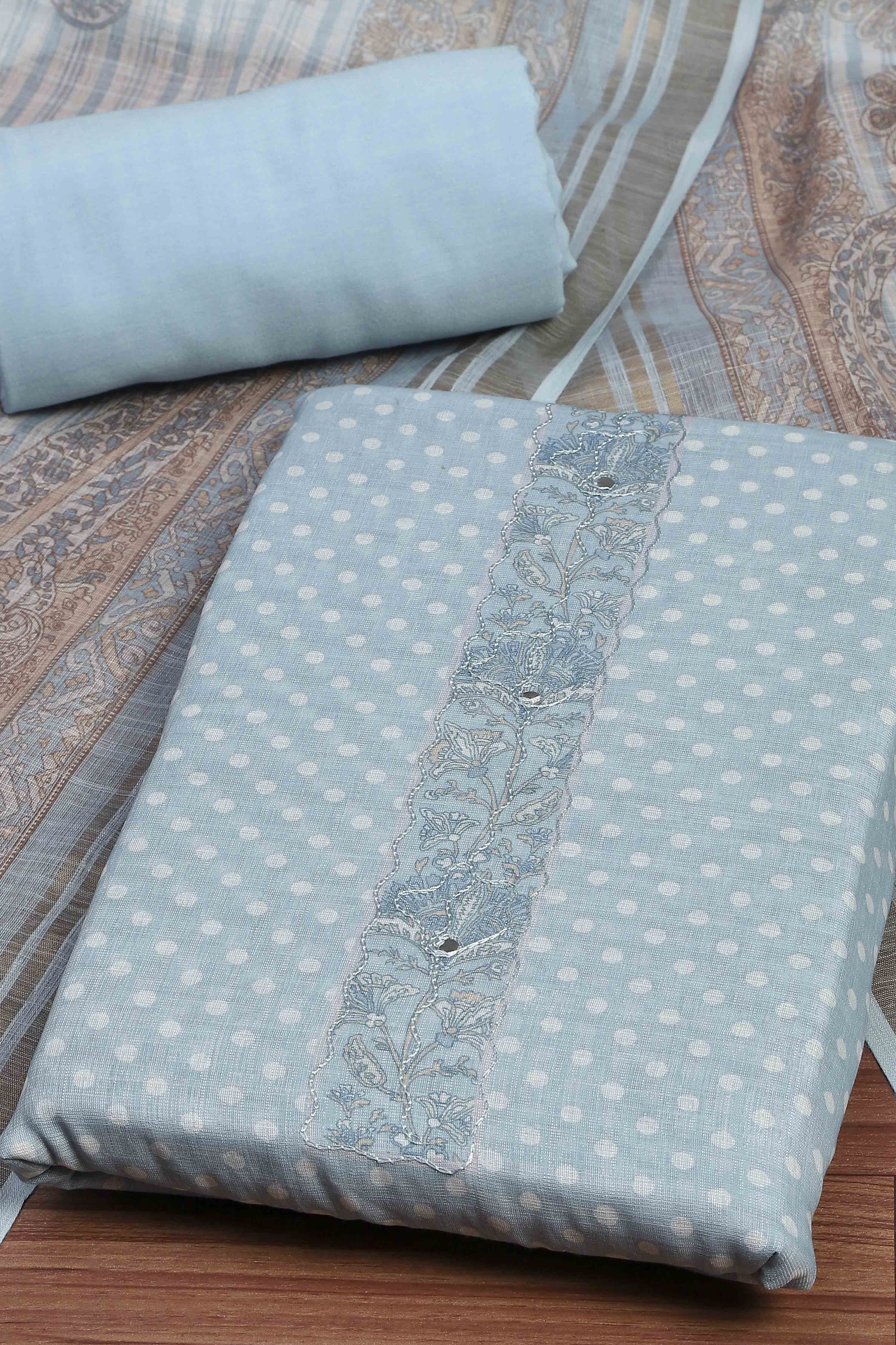 Sky Blue Linen Unstitched Suit Set image number 1