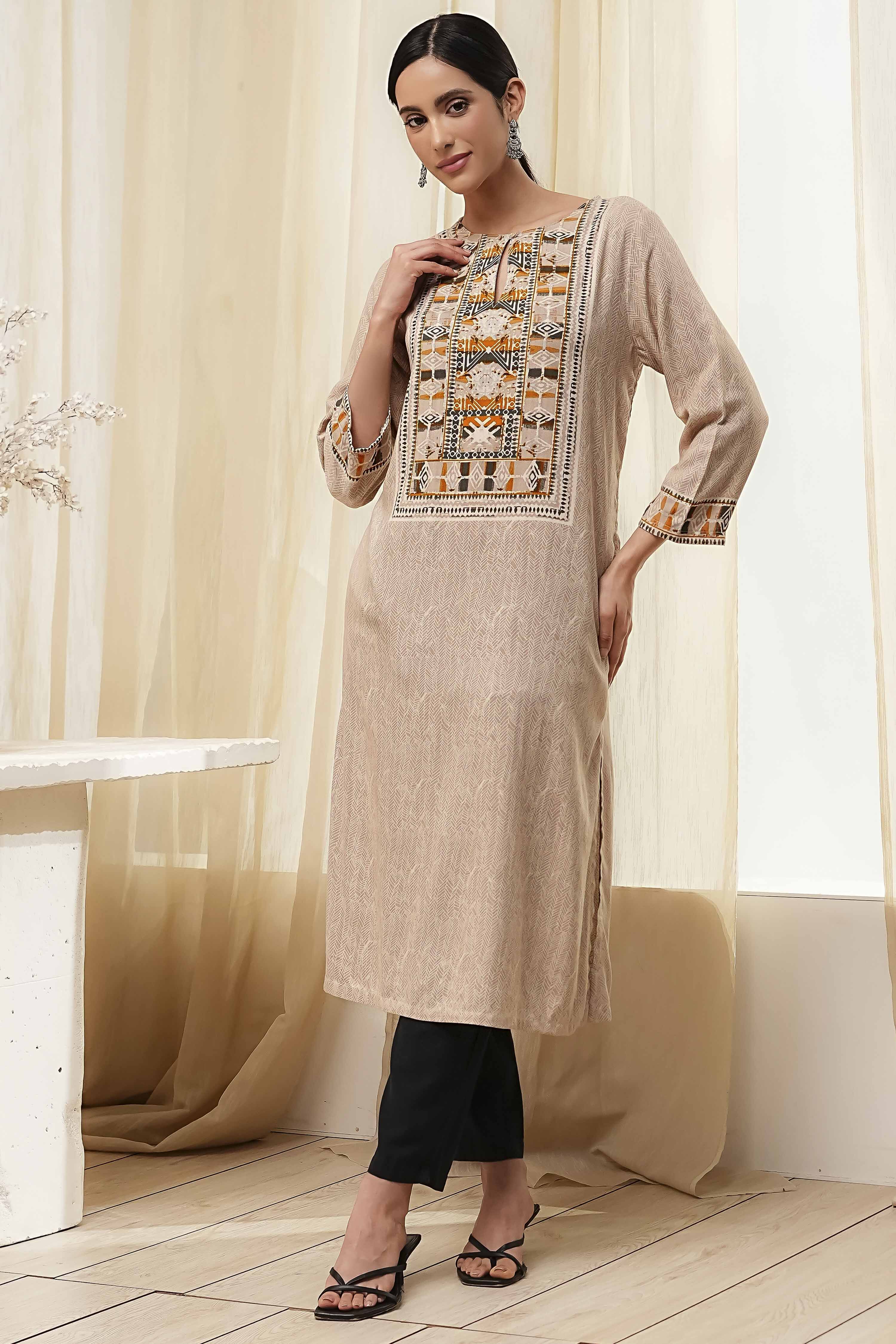 Beige Printed Straight Kurta image number 0