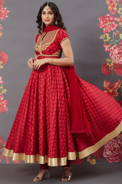 Rohit Bal Red Silk Flared Solid Suit Set image number 5