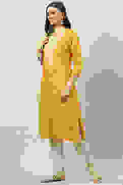 Warm Mustard LIVA Straight Printed Kurta image number 2