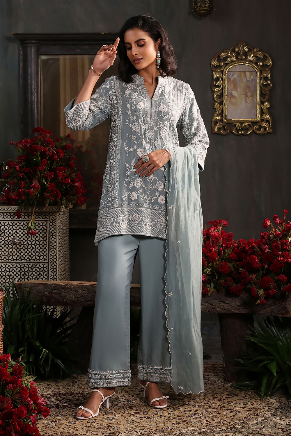 Earthy Blue Chanderi Embroidered Straight Suit Set image number 0