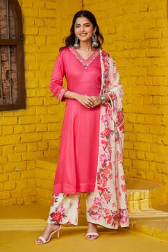 Fuschia Rayon Straight Suit Set image number 0