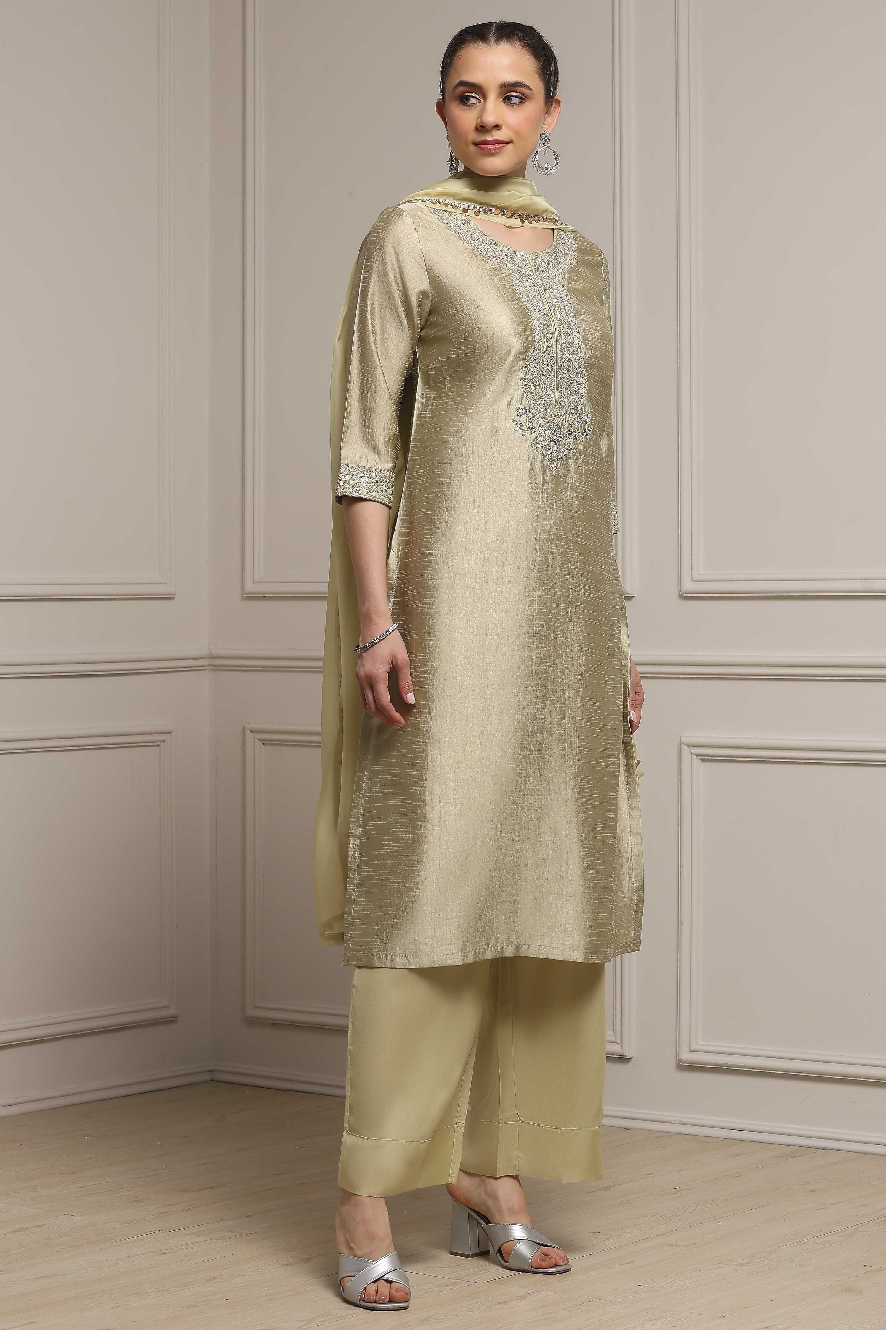 Light Green Art Silk Embroidered Straight Suit Set image number 5