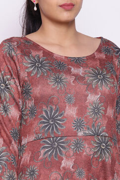 Rust Woolen Floral Printed Dress image number 1