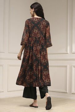 Charcoal Black Printed Gathered Suit Set image number 4