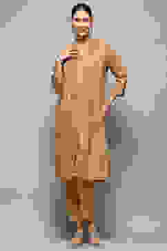 Beige Gathered Printed Straight Kurta image number 6