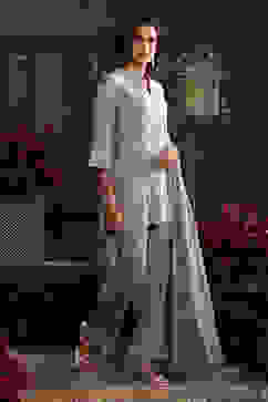 Earthy Blue Chanderi Embroidered Straight Suit Set image number 5