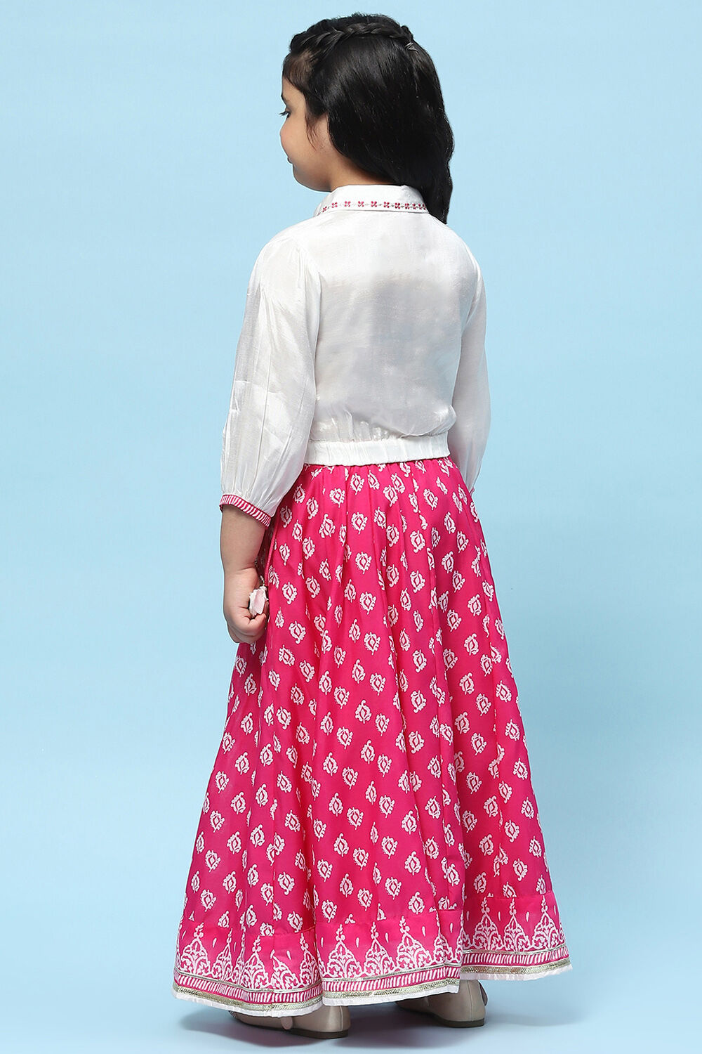 White Shirt Style Top teamed with Pink printed Lehenga Set image number 4