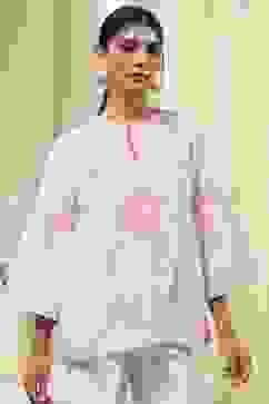 Pink Cotton Striped Straight Short Kurta image number 1