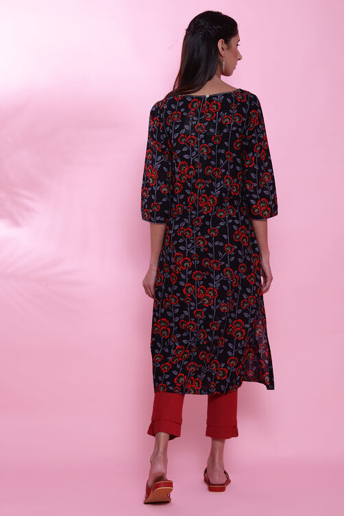 Black Cotton Straight Printed Kurta image number 7