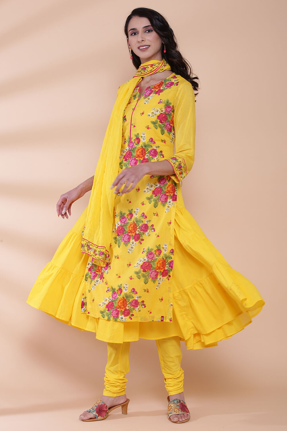 Buy Yellow Cotton Double Layered Kurta Churidar Suit Set Kurta