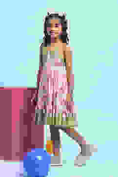 Pink Viscose Rayon Printed Tiered Dress image number 2