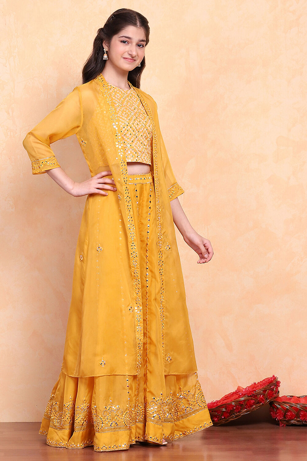 Yellow Printed Festive Fusion Set image number 4