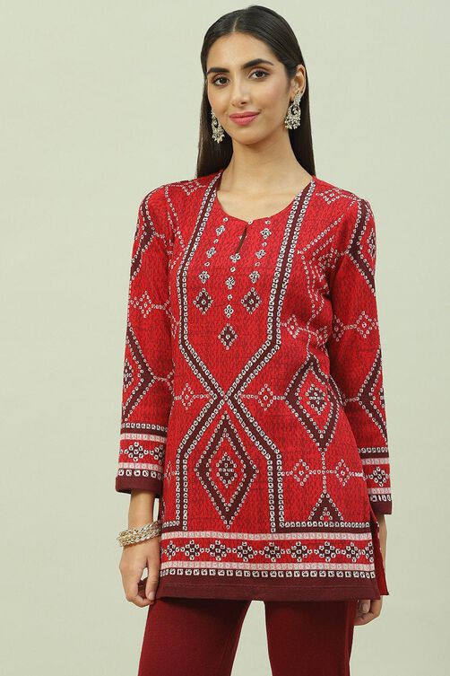 Red Acrylic Straight Yarndyed Kurti image number 0