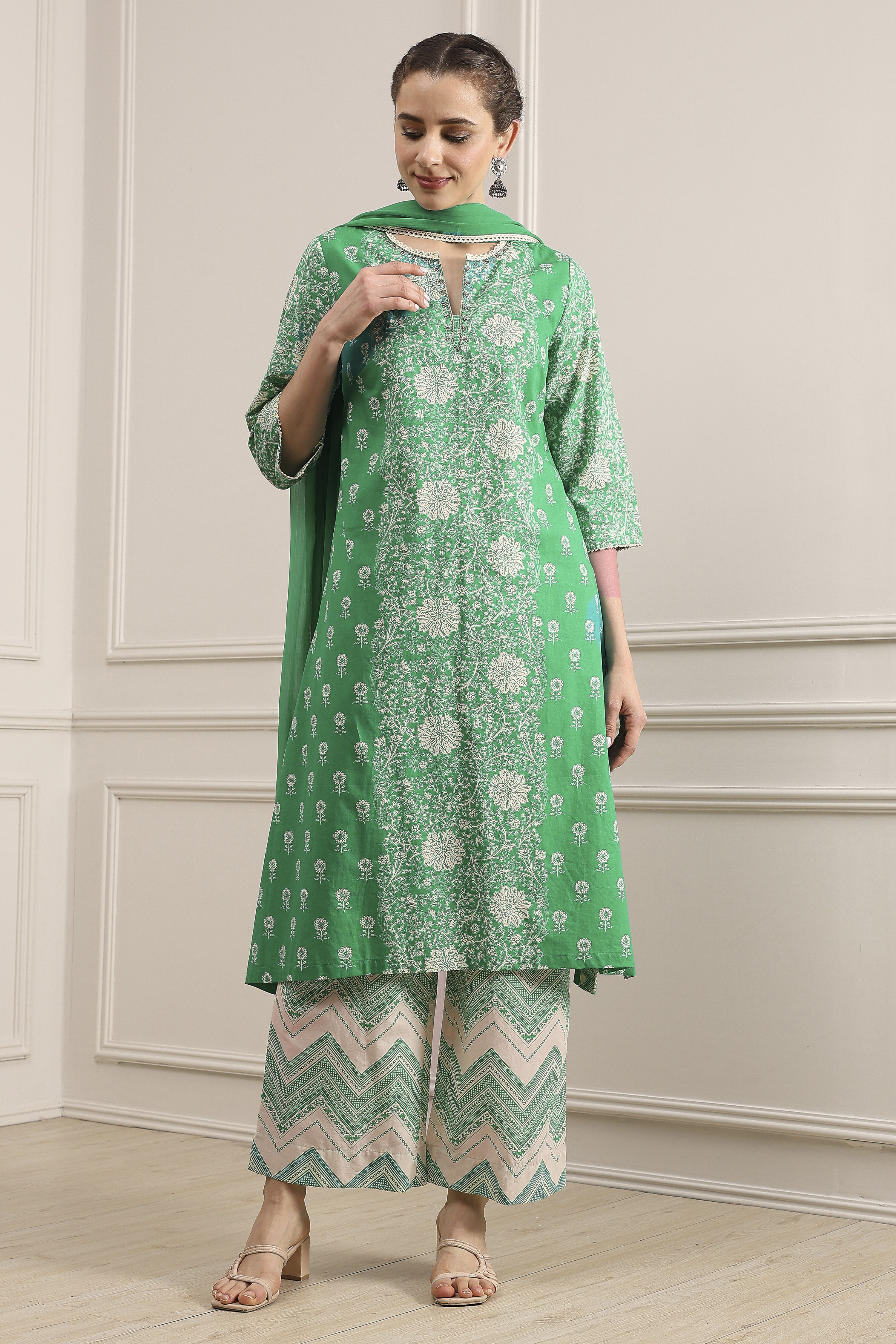 Sea Green Cotton Printed A-Line Suit Set image number 6