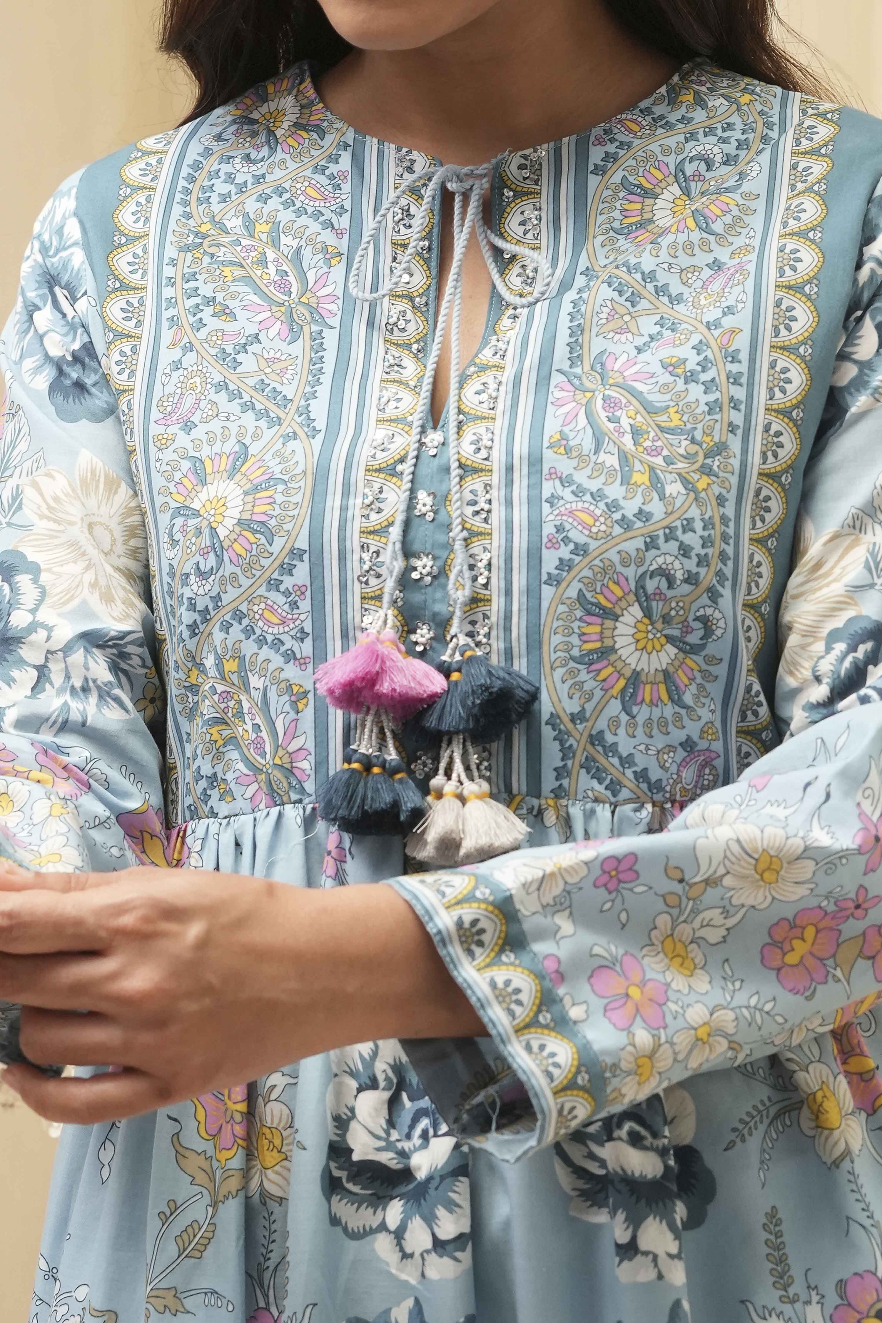 Dull Blue Cotton Printed Flared Kurta image number 1