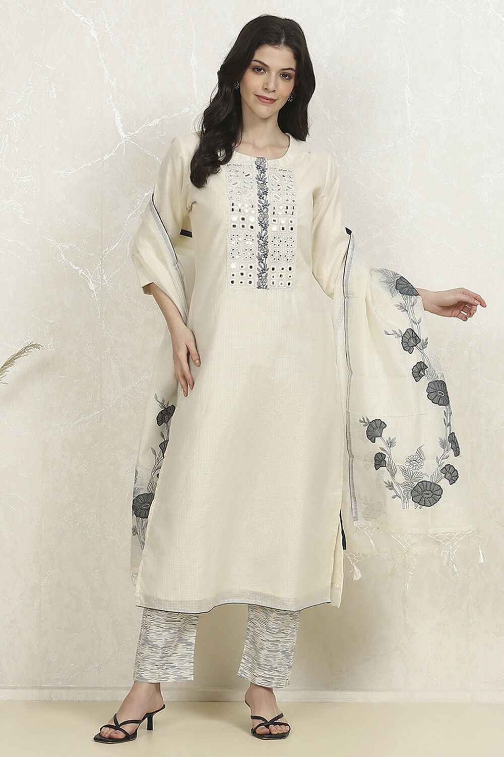 Off-White Cotton Machine Embroidered Unstitched Suit Set image number 1