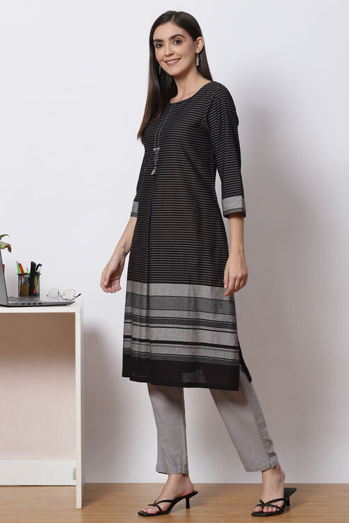 Black Cotton A-Line Yarndyed Kurta image number 2