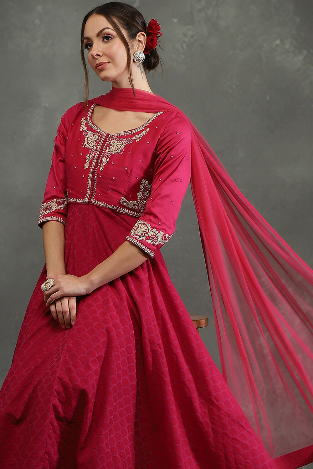 Pink Silk Chanderi Floral Anarkali Suit Set image number 7
