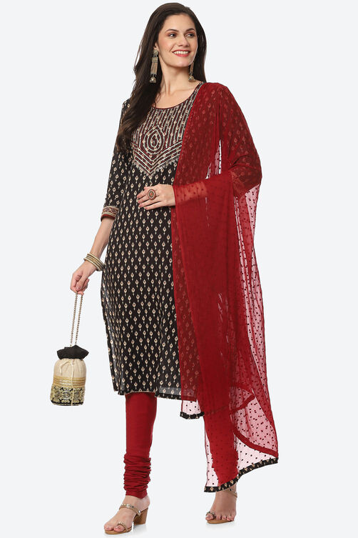 Black Cotton Unstitched Suit Set image number 7