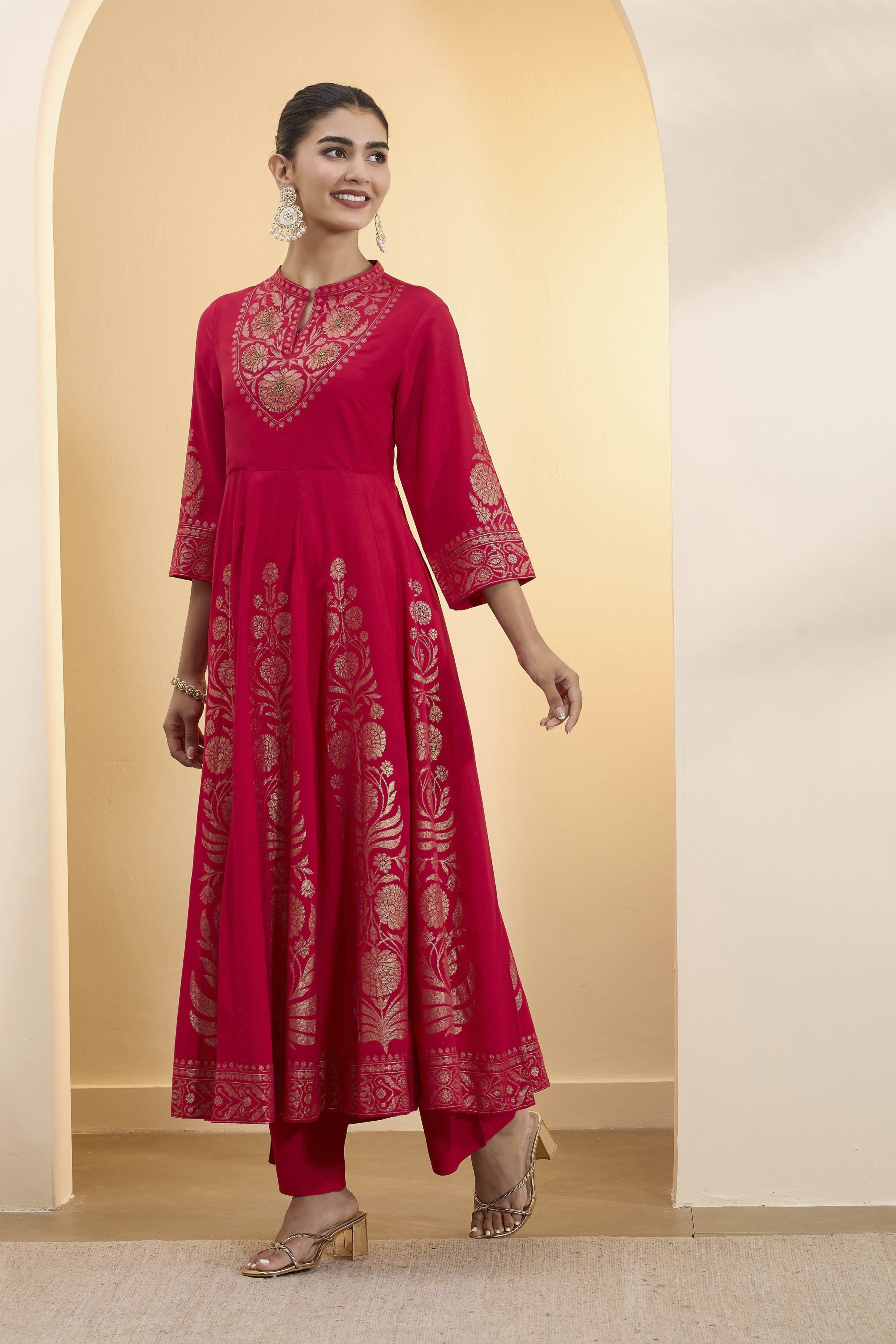Red Poly Viscose Anarkali Kurta Set image number 3