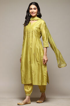 Lime Green Cotton Blend Layered Kurta Suit Set image number 0