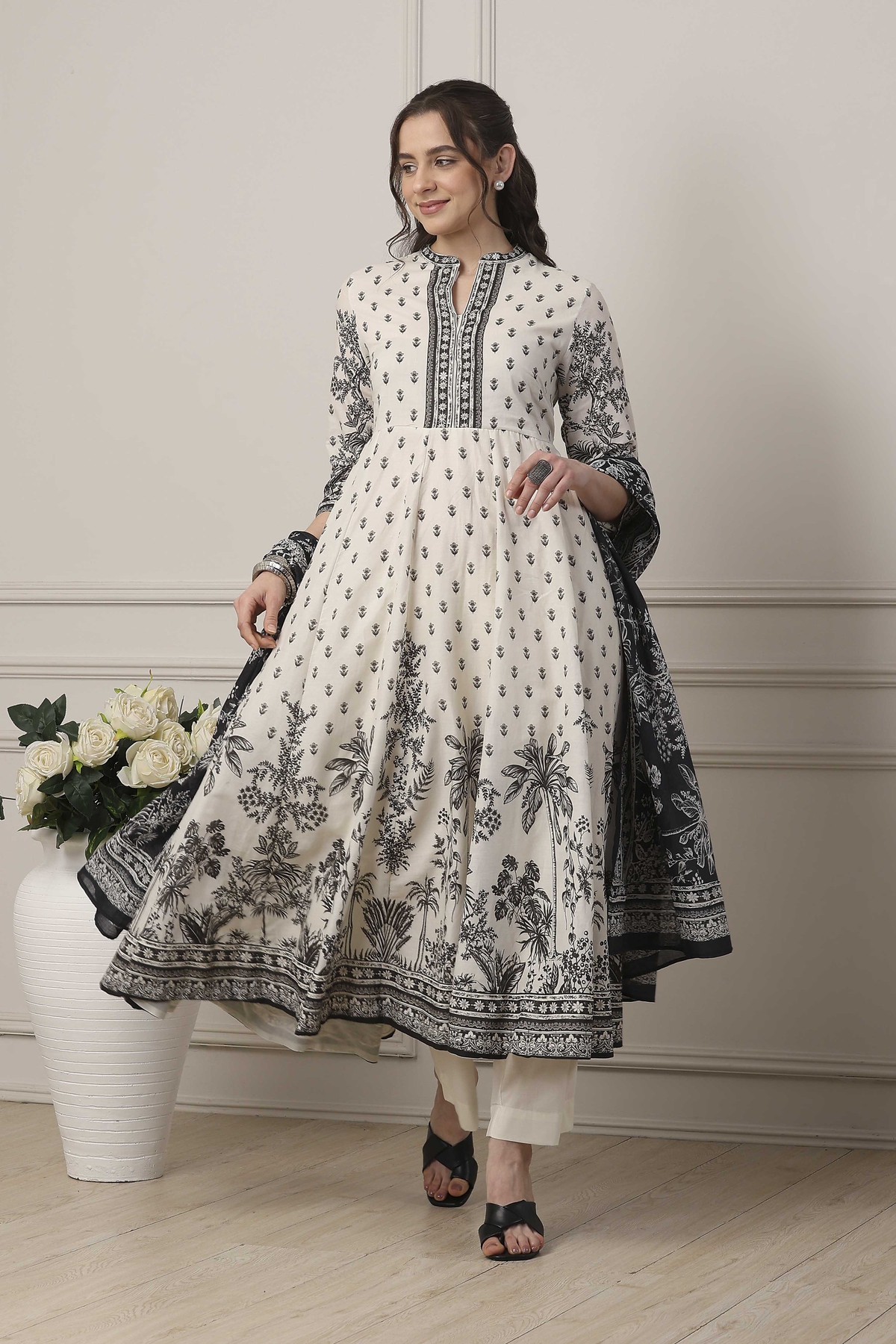 White Cotton Anarkali Suit Set