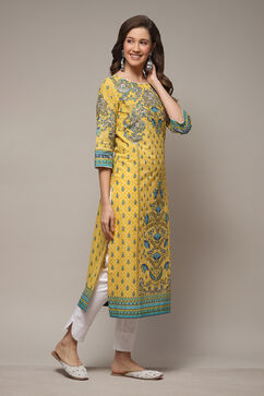 Yellow Cotton Straight Printed Kurta image number 4