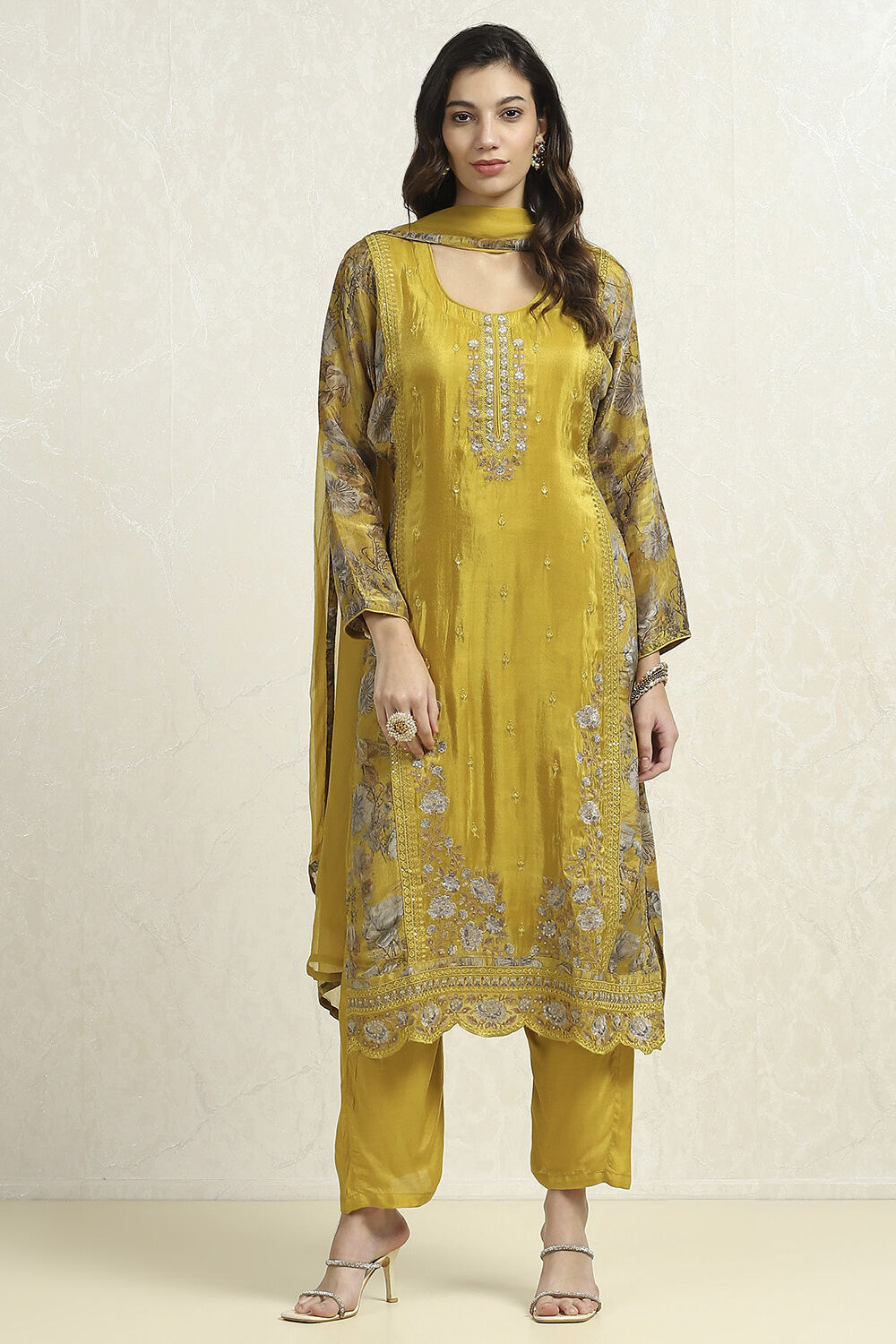 Lime Viscose Blend Embroidered Unstitched Suit Set image number 1