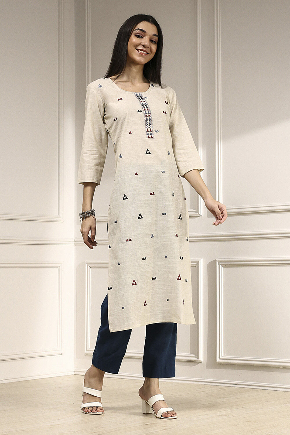 Beige Cotton Handloom Unstitched Suit Set image number 6