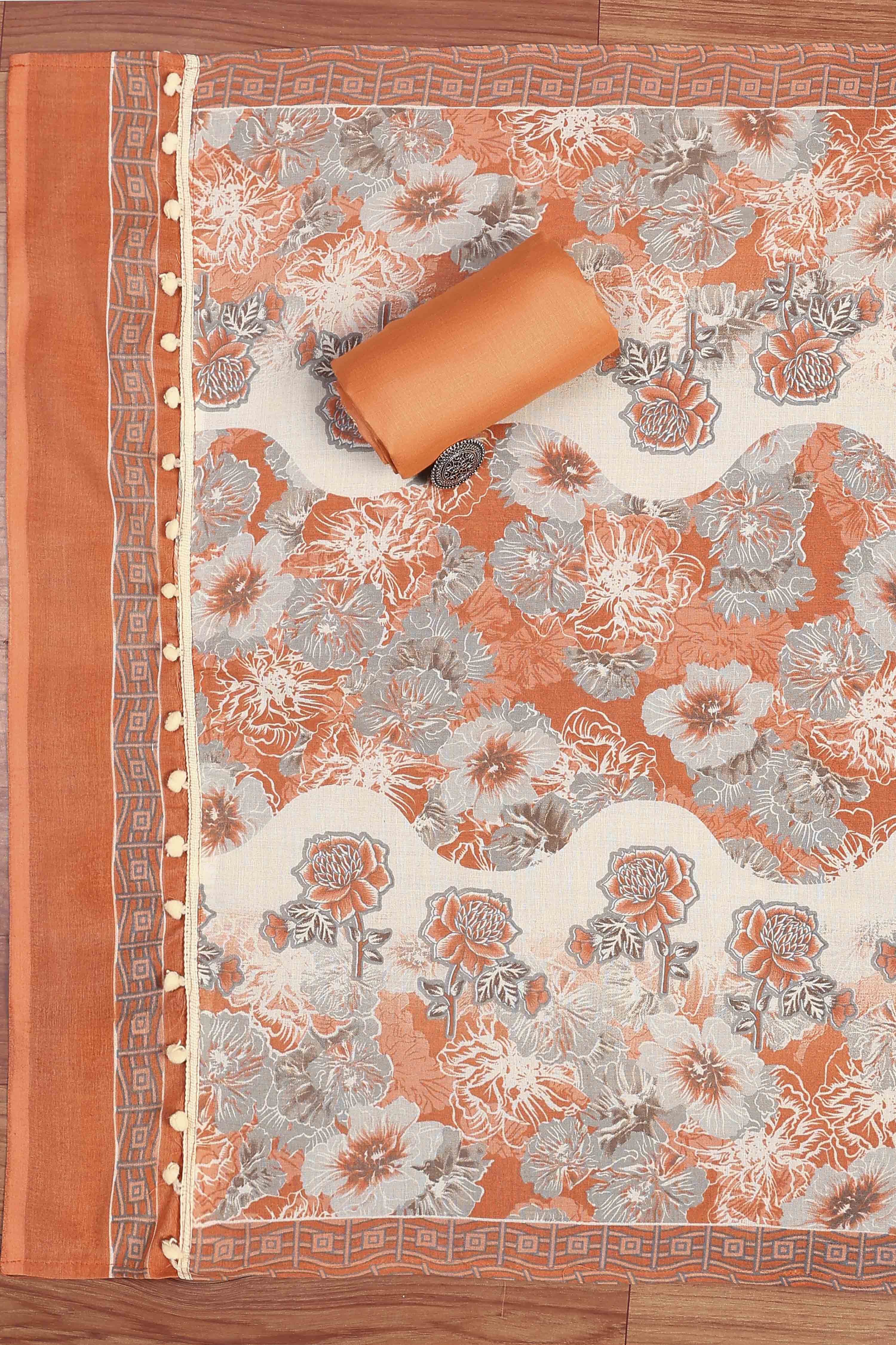 Peach Cotton Flower and Lace Work Unstitched Suit Set image number 3