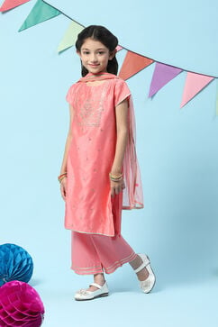 Pink Cotton Blend A-Line Kurta Straight Palazzo Suit Set image number 5