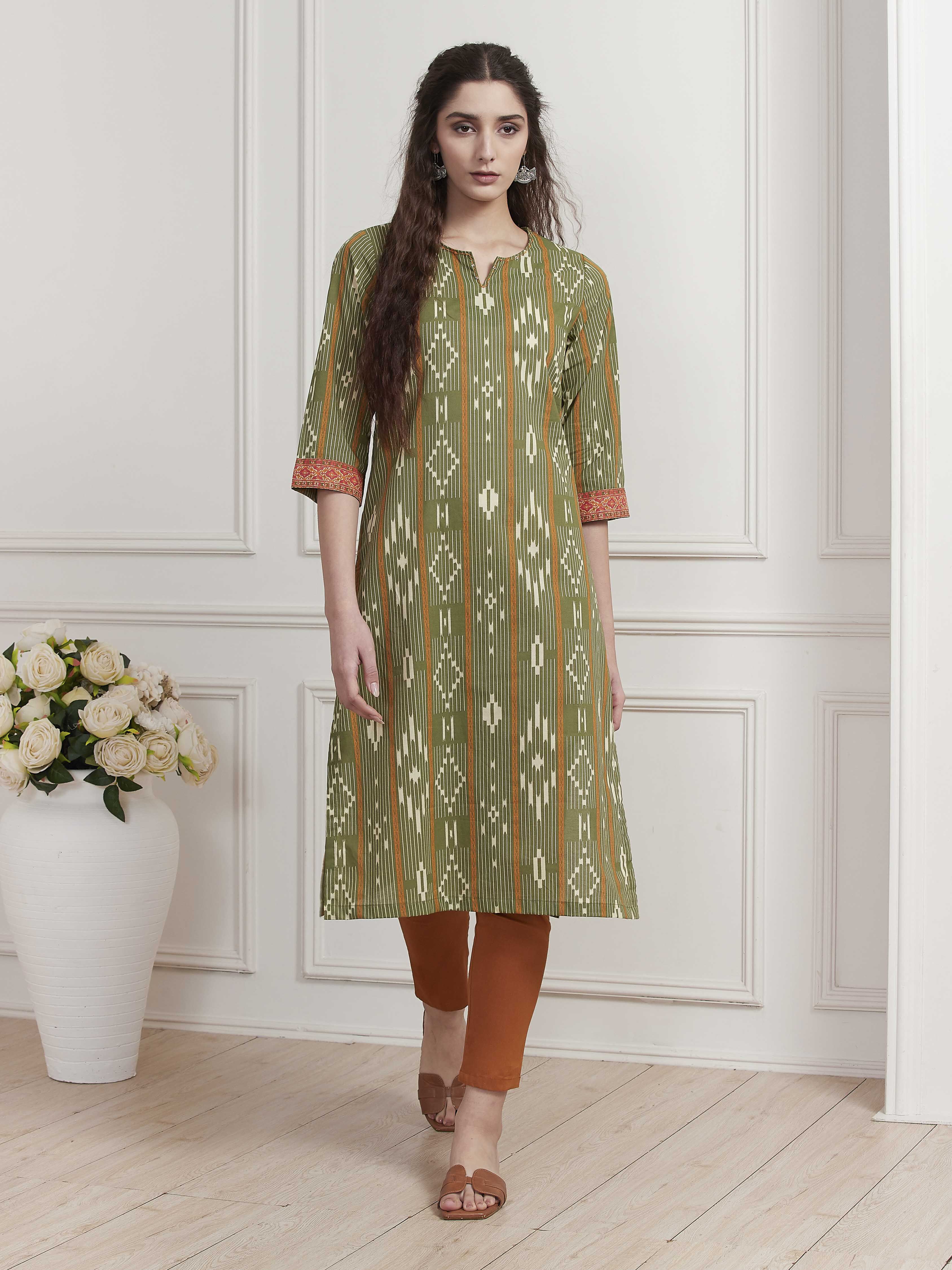 Green Cotton Printed Straight Kurta image number 5