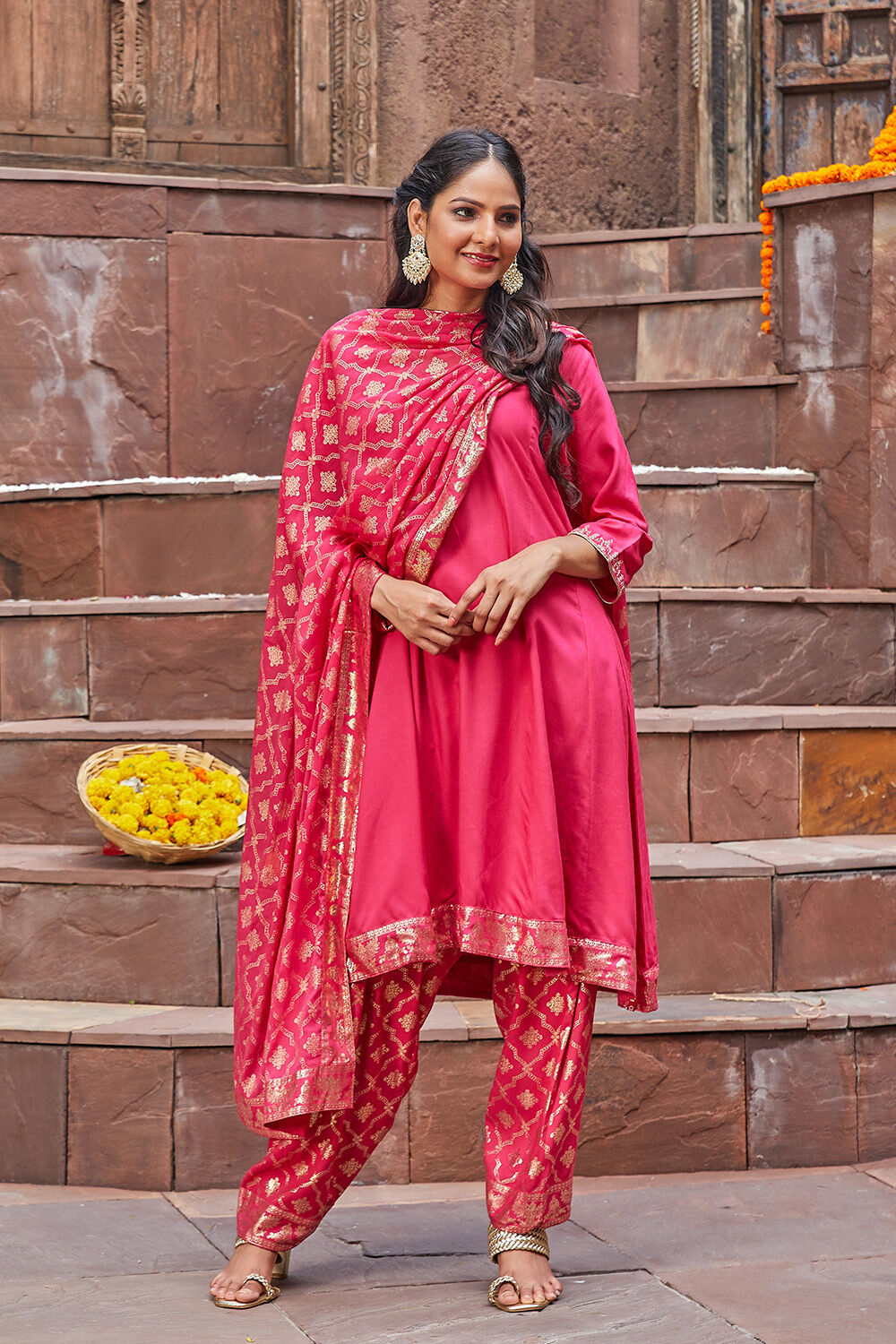 Fuchsia LIVA Kalidar Kurta Salwar Pant Suit Set