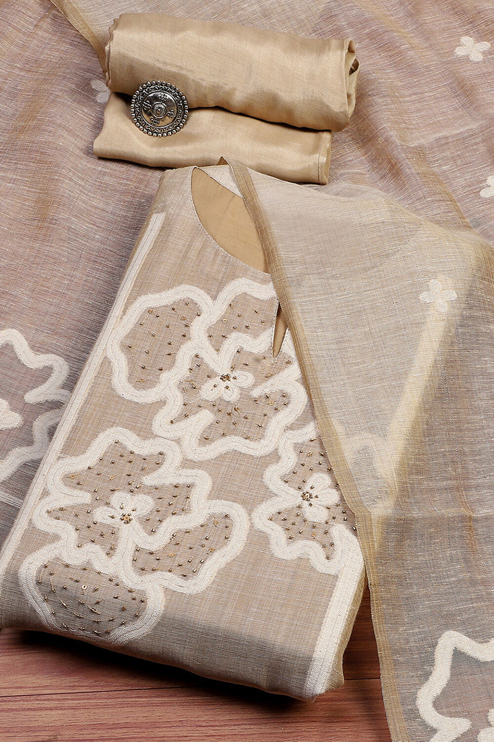 Beige Chanderi Hand Embroidered Unstitched Suit Set image number 0