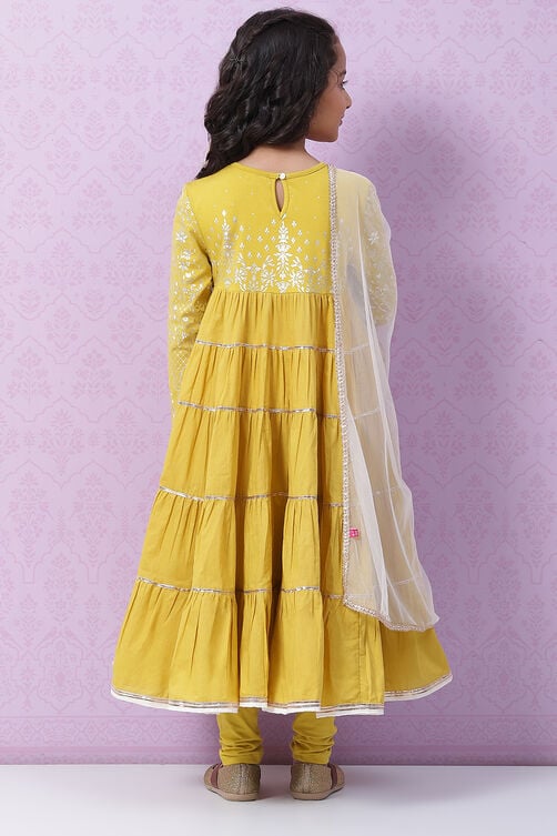 Lime Yellow Cotton Anarkali Kurta Churidar Suit Set image number 4