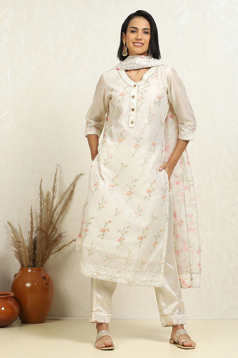 Off-white Chanderi Floral Embroidered Unstitched Suit Set image number 1