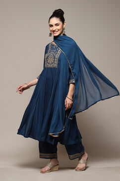 Teal LIVA Gathered Kurta Palazzo Suit Set image number 0