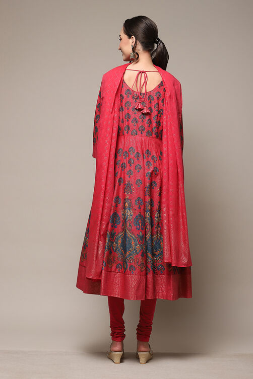 Crimson Red Cotton Anarkali Kurta Churidar Suit Set image number 4