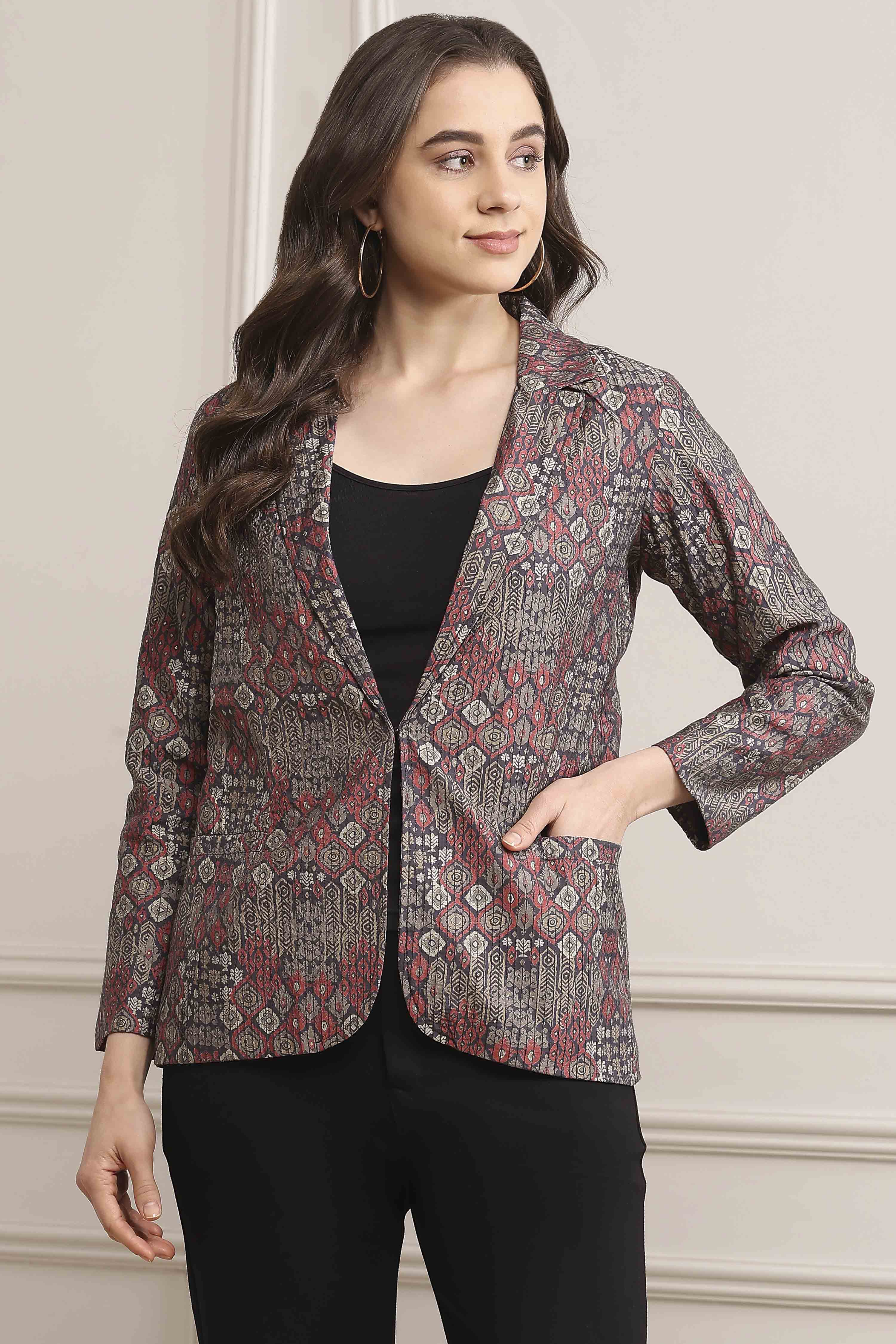 Grey Poly Viscose Straight Printed Jacket image number 5