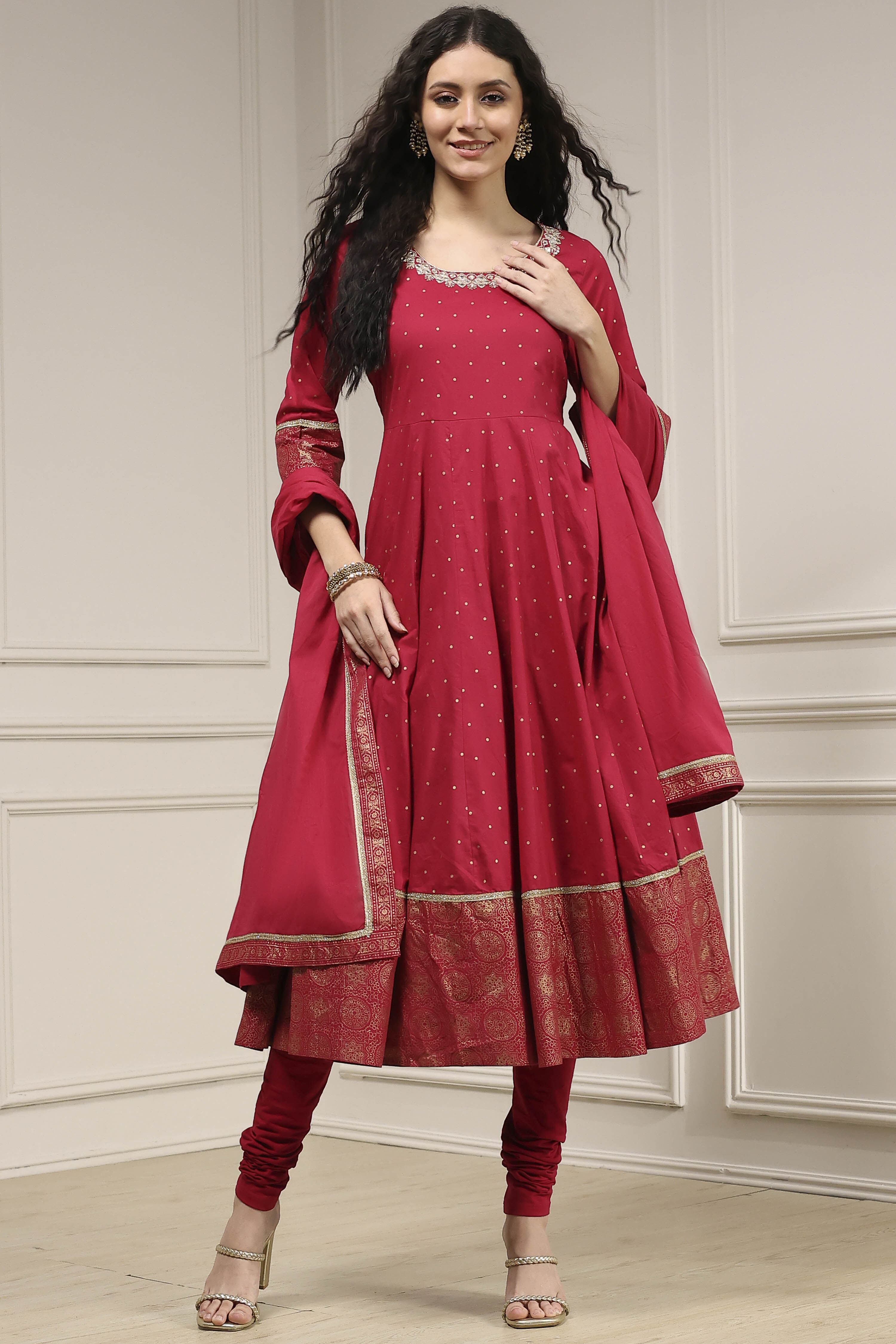 Cherry Red Cotton Printed Anarkali Suit Set image number 0
