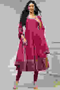 Cherry Red Cotton Printed Anarkali Suit Set image number 0