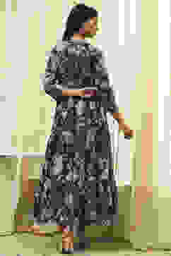 Earthy Blue Cotton Floral Tiered Dress image number 4